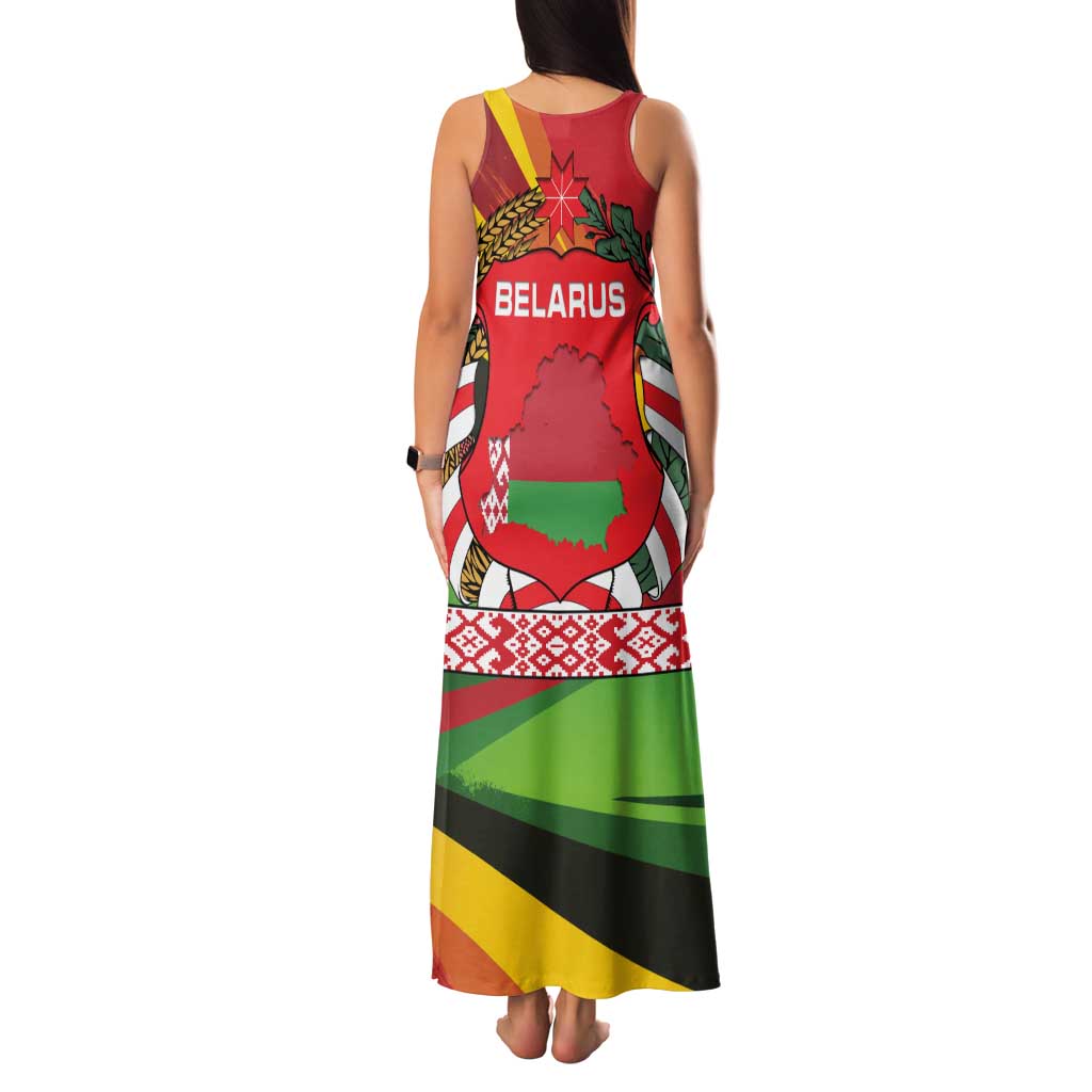 Belarus Red and Yellow National Crest Family Matching Tank Maxi Dress and Hawaiian Shirt with Pahonia Knight and Folk Motif Design