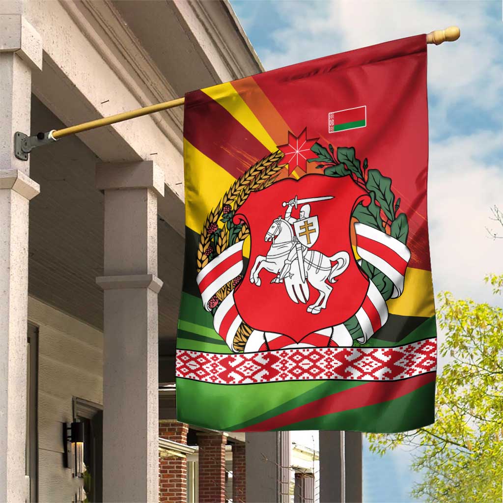 Belarus Red and Yellow National Crest Garden Flag with Pahonia Knight and Folk Motif Design