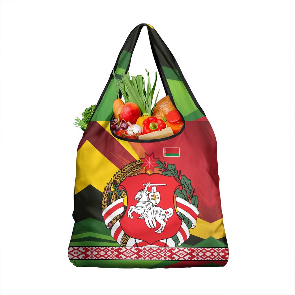 Belarus Red and Yellow National Crest Grocery Bag with Pahonia Knight and Folk Motif Design