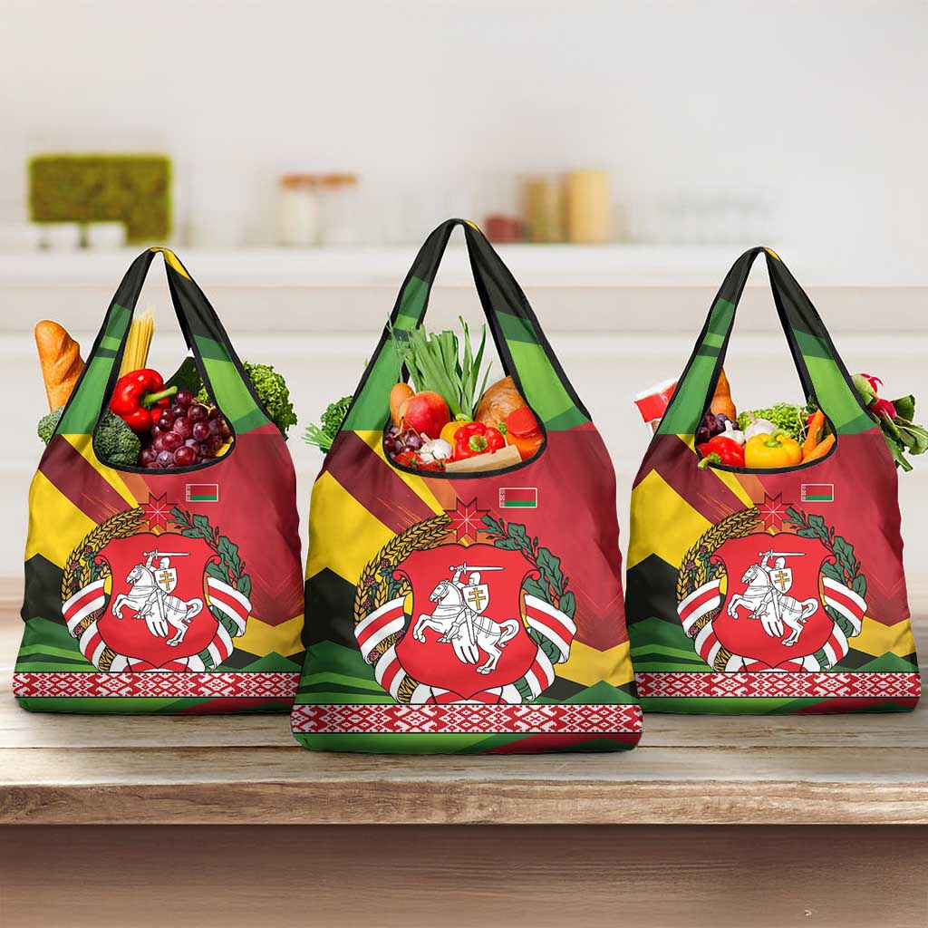 Belarus Red and Yellow National Crest Grocery Bag with Pahonia Knight and Folk Motif Design