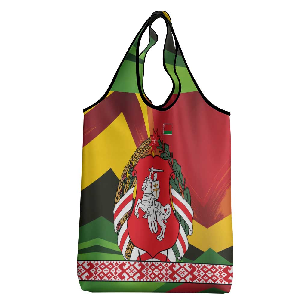 Belarus Red and Yellow National Crest Grocery Bag with Pahonia Knight and Folk Motif Design