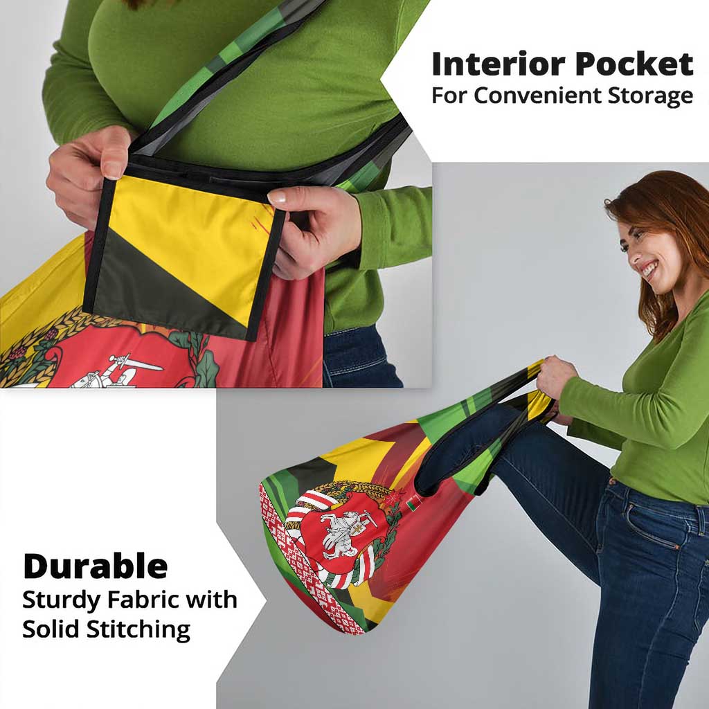 Belarus Red and Yellow National Crest Grocery Bag with Pahonia Knight and Folk Motif Design