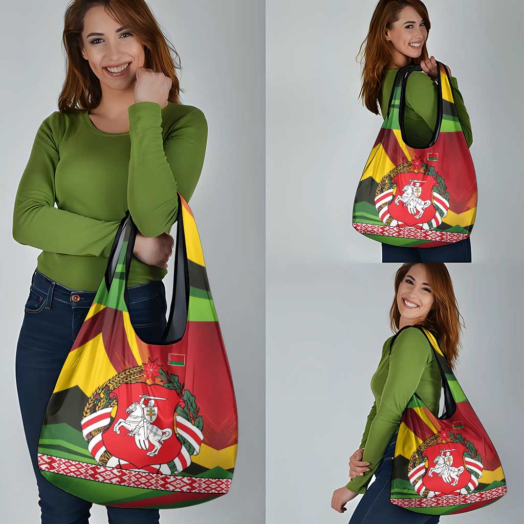 Belarus Red and Yellow National Crest Grocery Bag with Pahonia Knight and Folk Motif Design