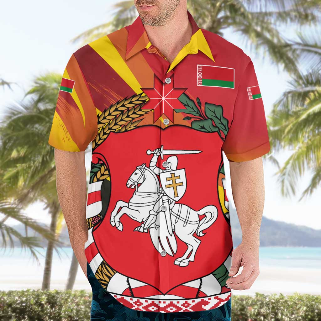 Belarus Red and Yellow National Crest Hawaiian Shirt with Pahonia Knight and Folk Motif Design