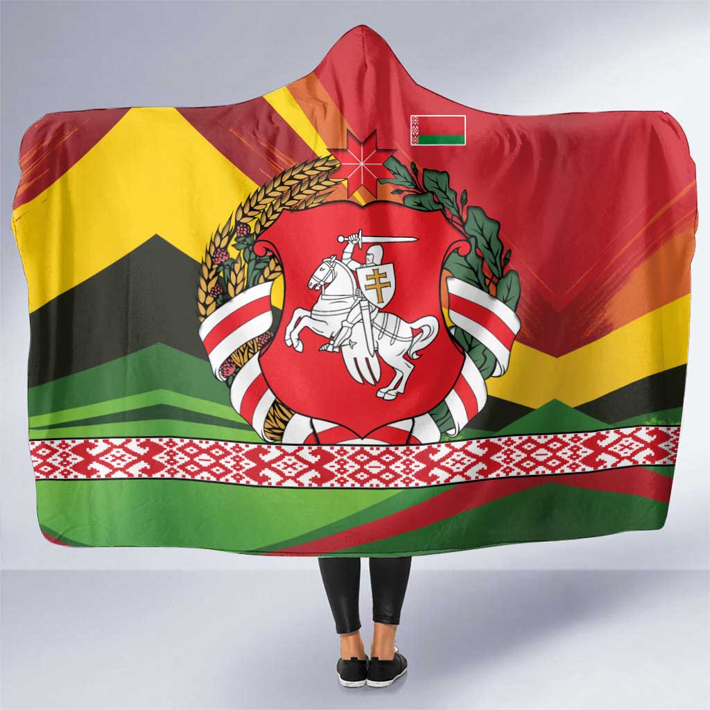 Belarus Red and Yellow National Crest Hooded Blanket with Pahonia Knight and Folk Motif Design