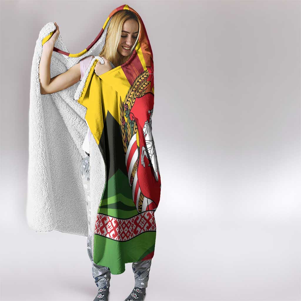 Belarus Red and Yellow National Crest Hooded Blanket with Pahonia Knight and Folk Motif Design