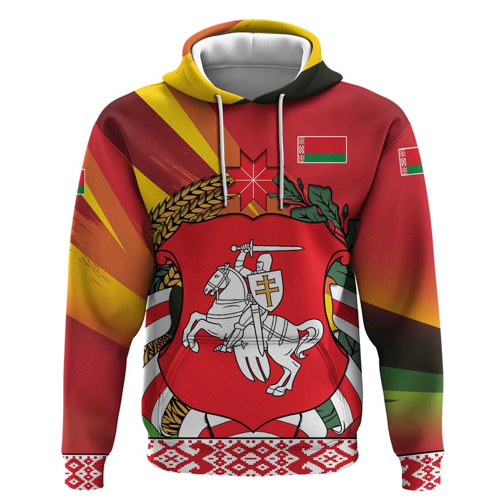 Belarus Red and Yellow National Crest Hoodie with Pahonia Knight and Folk Motif Design
