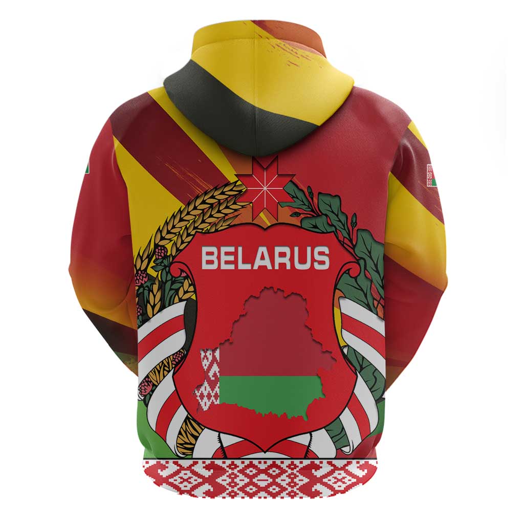 Belarus Red and Yellow National Crest Hoodie with Pahonia Knight and Folk Motif Design