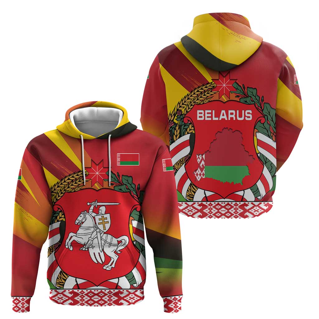 Belarus Red and Yellow National Crest Hoodie with Pahonia Knight and Folk Motif Design