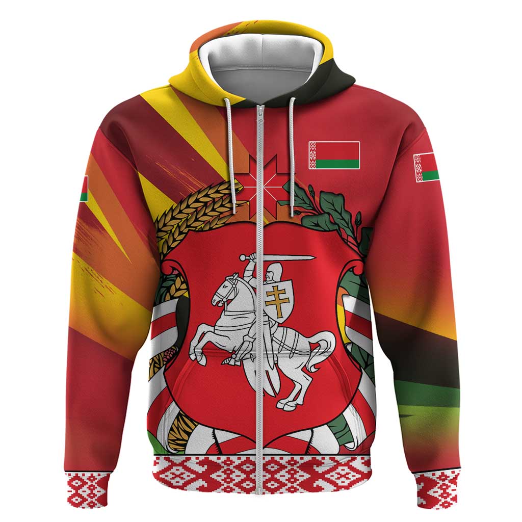 Belarus Red and Yellow National Crest Hoodie with Pahonia Knight and Folk Motif Design