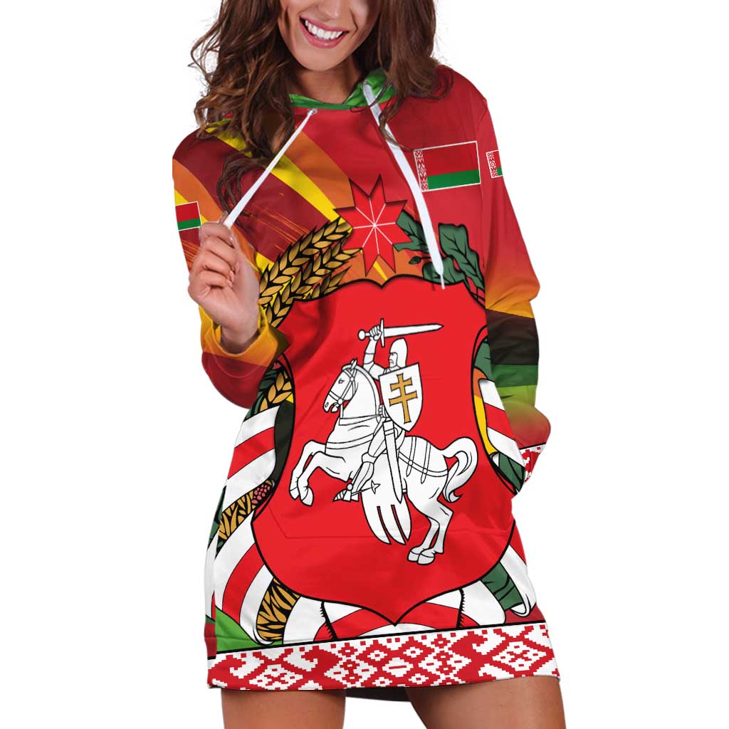 Belarus Red and Yellow National Crest Hoodie Dress with Pahonia Knight and Folk Motif Design