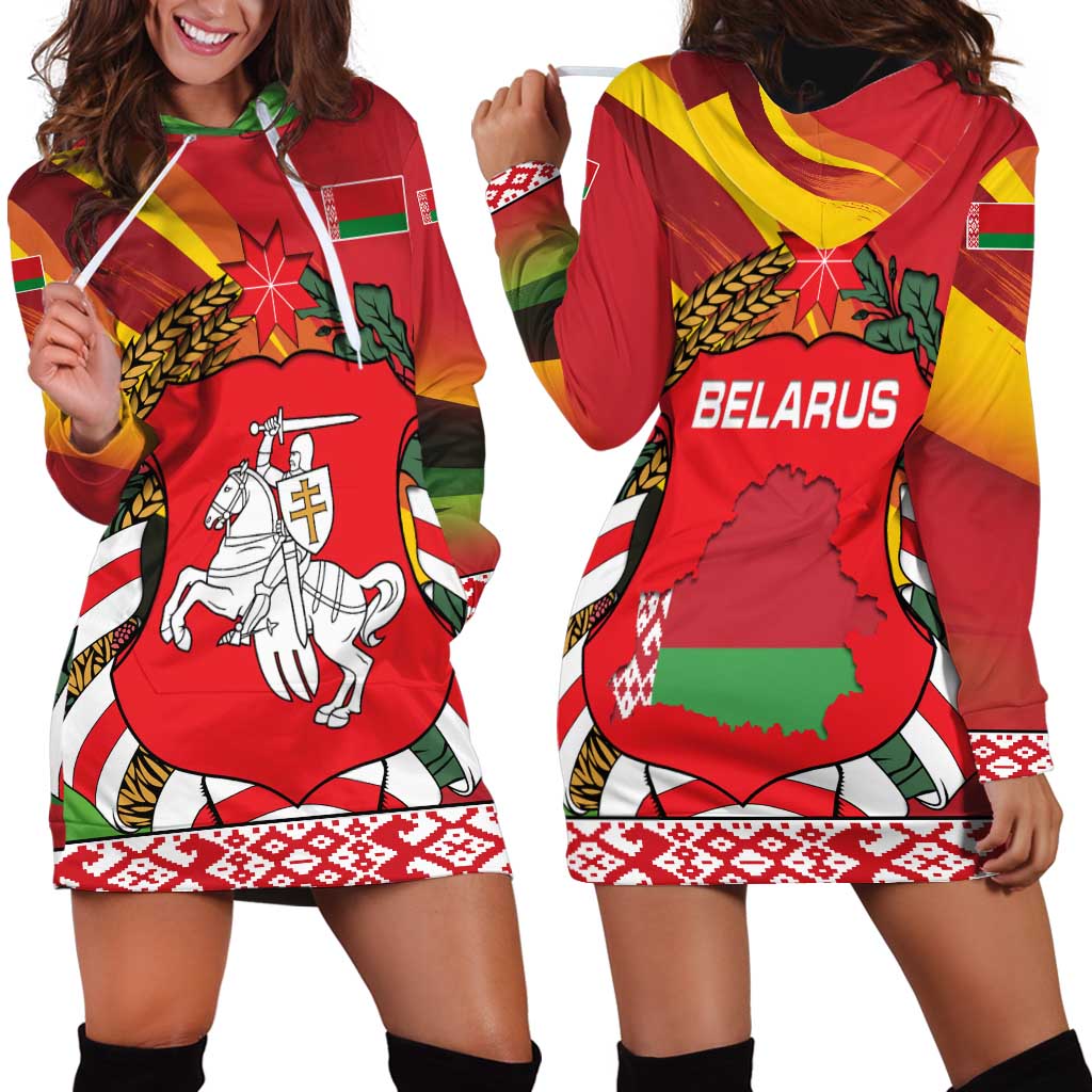 Belarus Red and Yellow National Crest Hoodie Dress with Pahonia Knight and Folk Motif Design