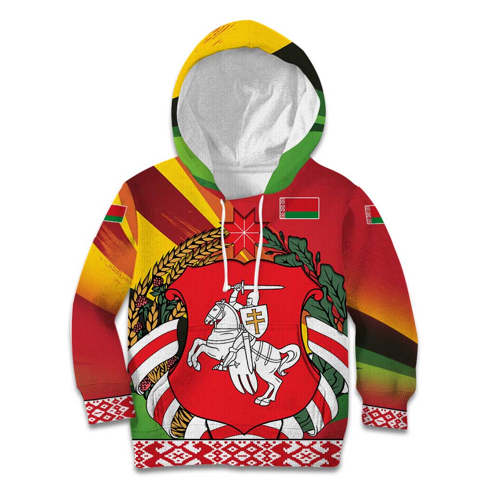 Belarus Red and Yellow National Crest Kid Hoodie with Pahonia Knight and Folk Motif Design
