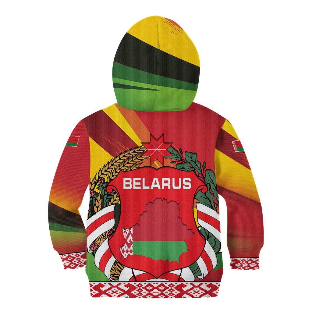 Belarus Red and Yellow National Crest Kid Hoodie with Pahonia Knight and Folk Motif Design