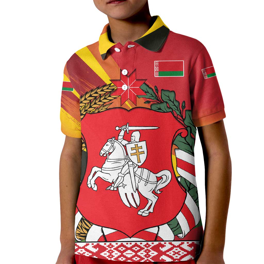 Belarus Red and Yellow National Crest Kid Polo Shirt with Pahonia Knight and Folk Motif Design