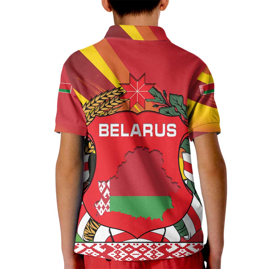 Belarus Red and Yellow National Crest Kid Polo Shirt with Pahonia Knight and Folk Motif Design