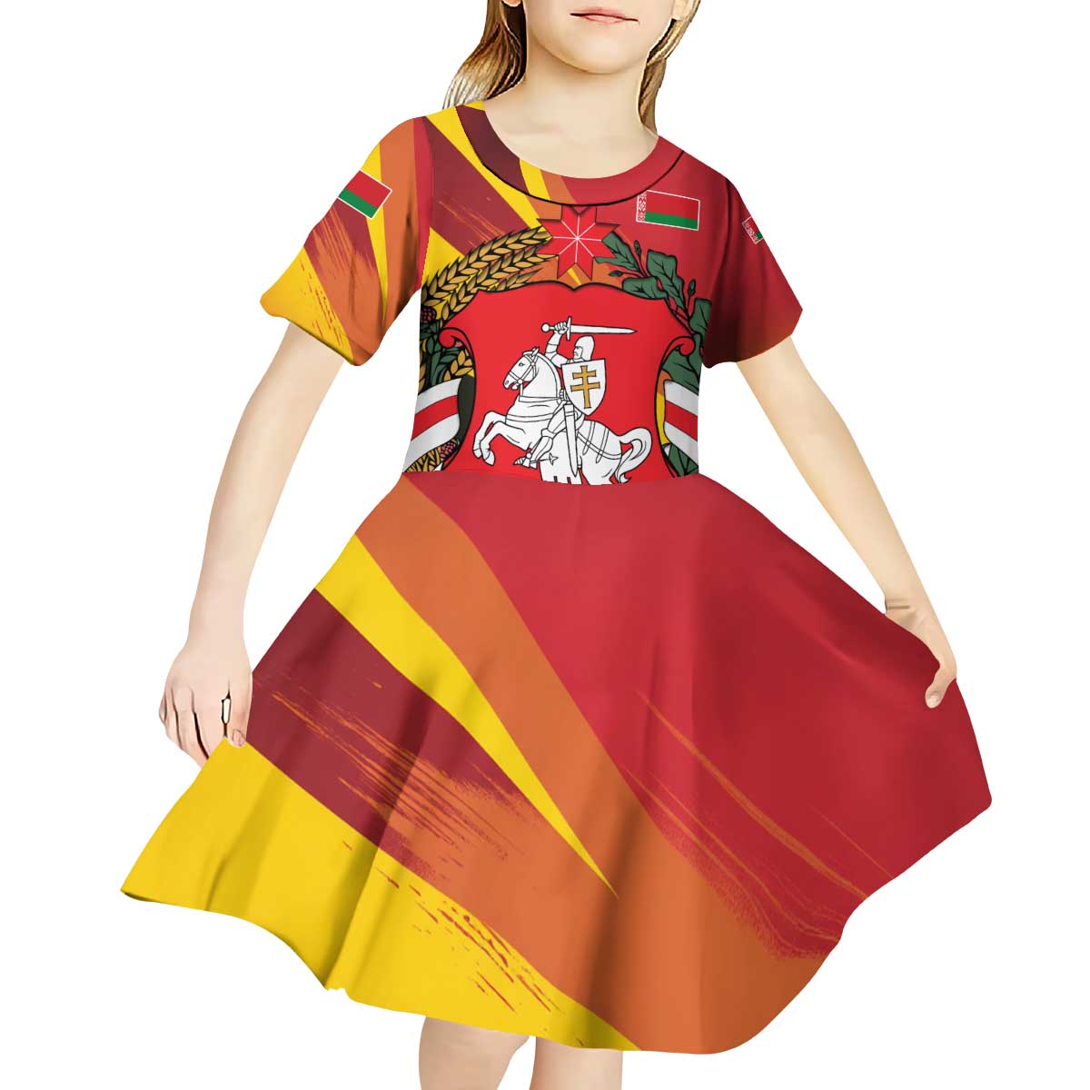 Belarus Red and Yellow National Crest Kid Short Sleeve Dress with Pahonia Knight and Folk Motif Design