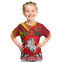 Belarus Red and Yellow National Crest Kid T Shirt with Pahonia Knight and Folk Motif Design