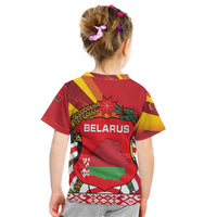 Belarus Red and Yellow National Crest Kid T Shirt with Pahonia Knight and Folk Motif Design