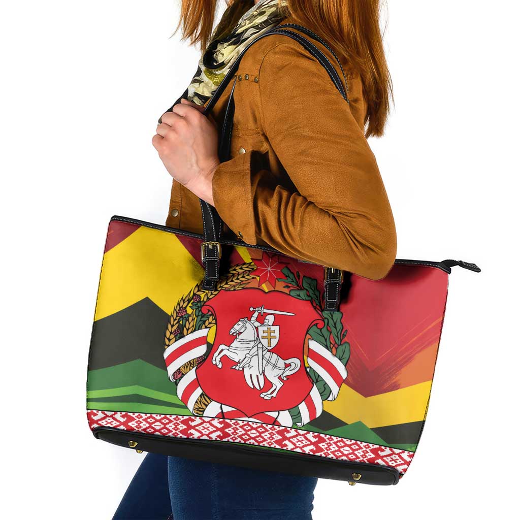 Belarus Red and Yellow National Crest Leather Tote Bag with Pahonia Knight and Folk Motif Design