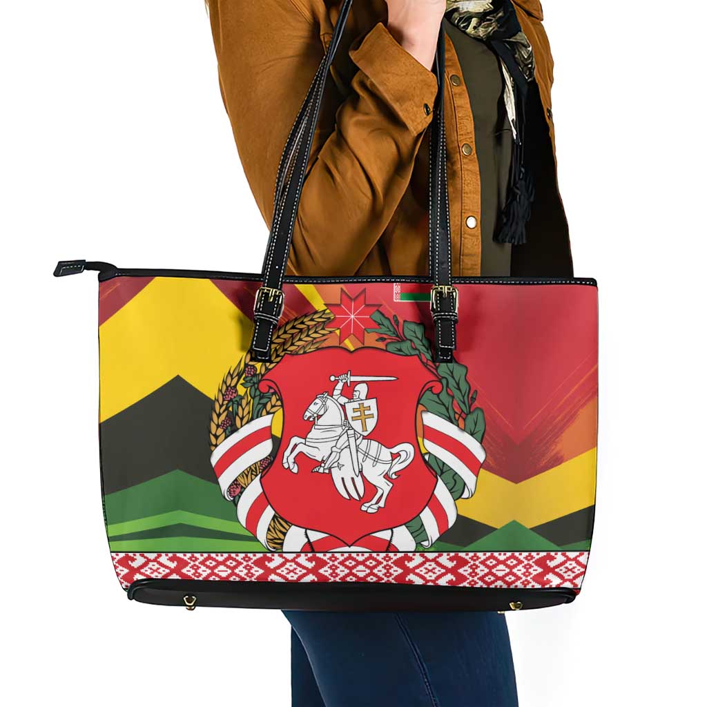 Belarus Red and Yellow National Crest Leather Tote Bag with Pahonia Knight and Folk Motif Design
