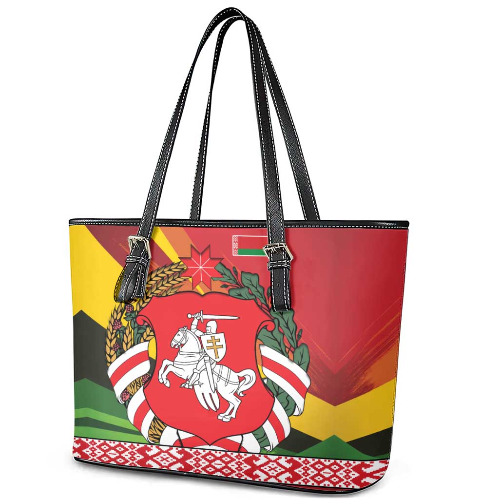 Belarus Red and Yellow National Crest Leather Tote Bag with Pahonia Knight and Folk Motif Design