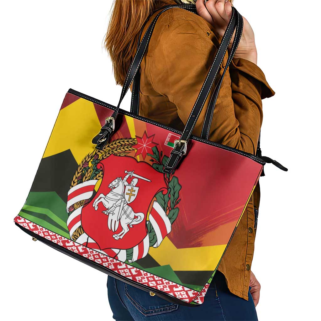 Belarus Red and Yellow National Crest Leather Tote Bag with Pahonia Knight and Folk Motif Design