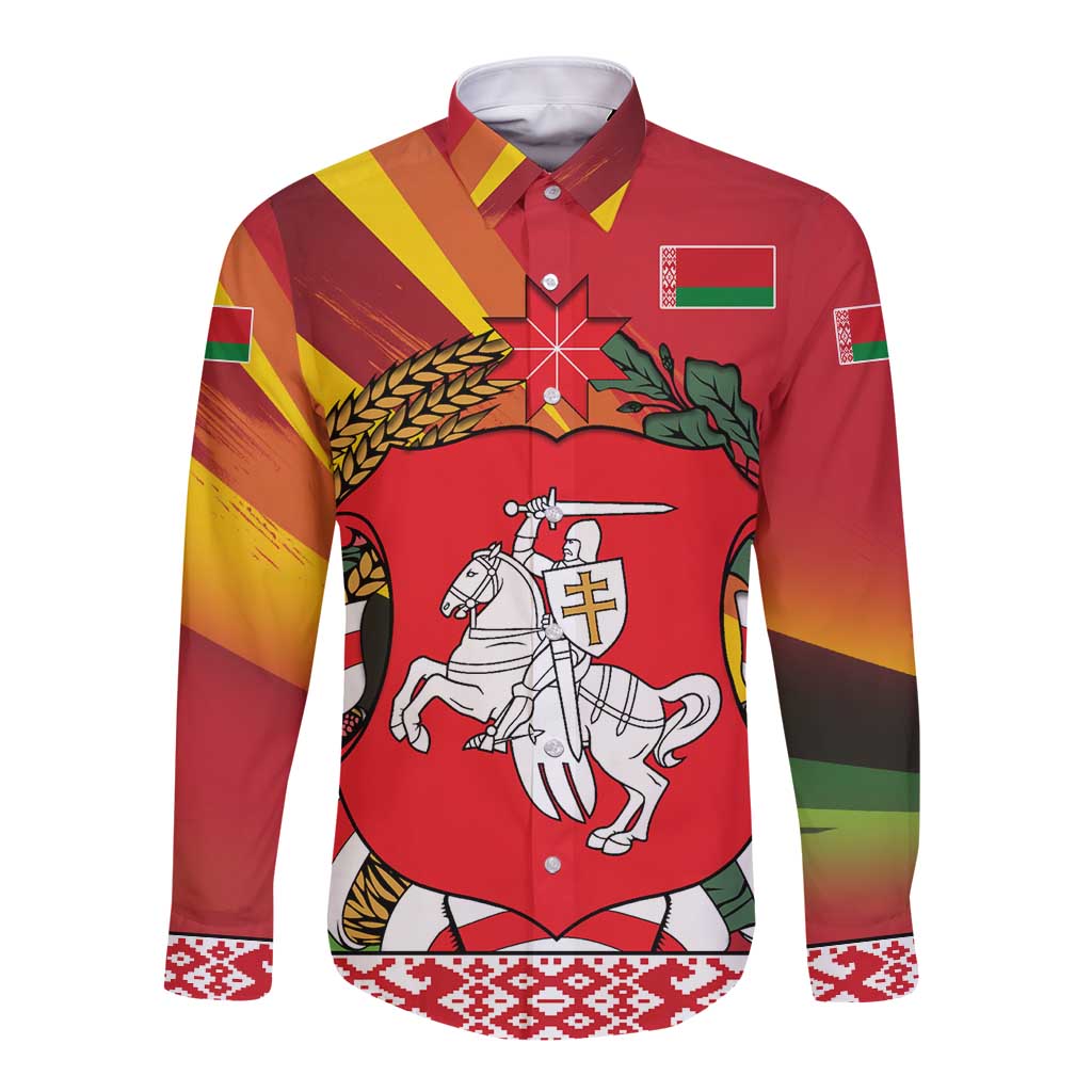 Belarus Red and Yellow National Crest Long Sleeve Button Shirt with Pahonia Knight and Folk Motif Design