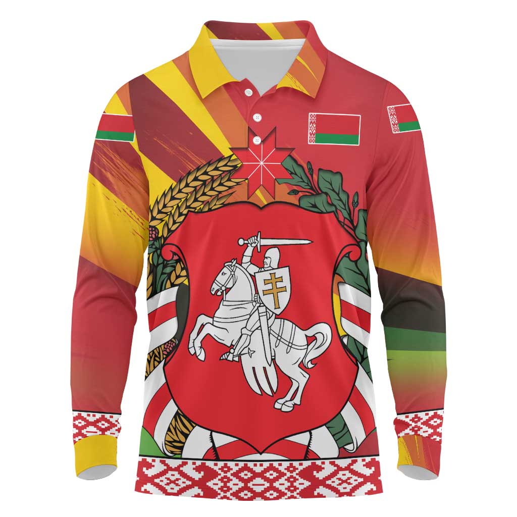 Belarus Red and Yellow National Crest Long Sleeve Polo Shirt with Pahonia Knight and Folk Motif Design