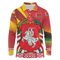 Belarus Red and Yellow National Crest Long Sleeve Polo Shirt with Pahonia Knight and Folk Motif Design