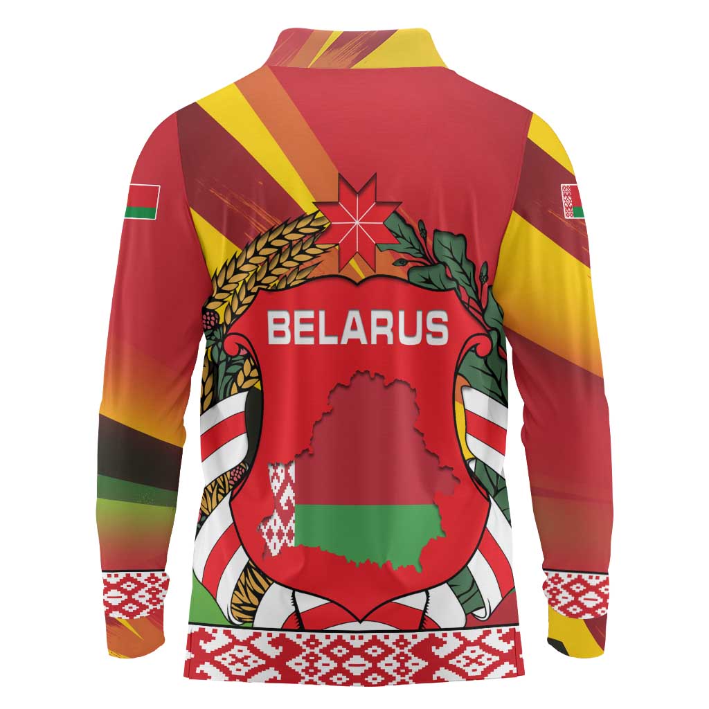 Belarus Red and Yellow National Crest Long Sleeve Polo Shirt with Pahonia Knight and Folk Motif Design