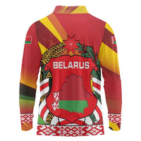 Belarus Red and Yellow National Crest Long Sleeve Polo Shirt with Pahonia Knight and Folk Motif Design