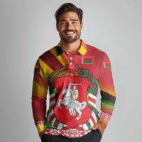 Belarus Red and Yellow National Crest Long Sleeve Polo Shirt with Pahonia Knight and Folk Motif Design