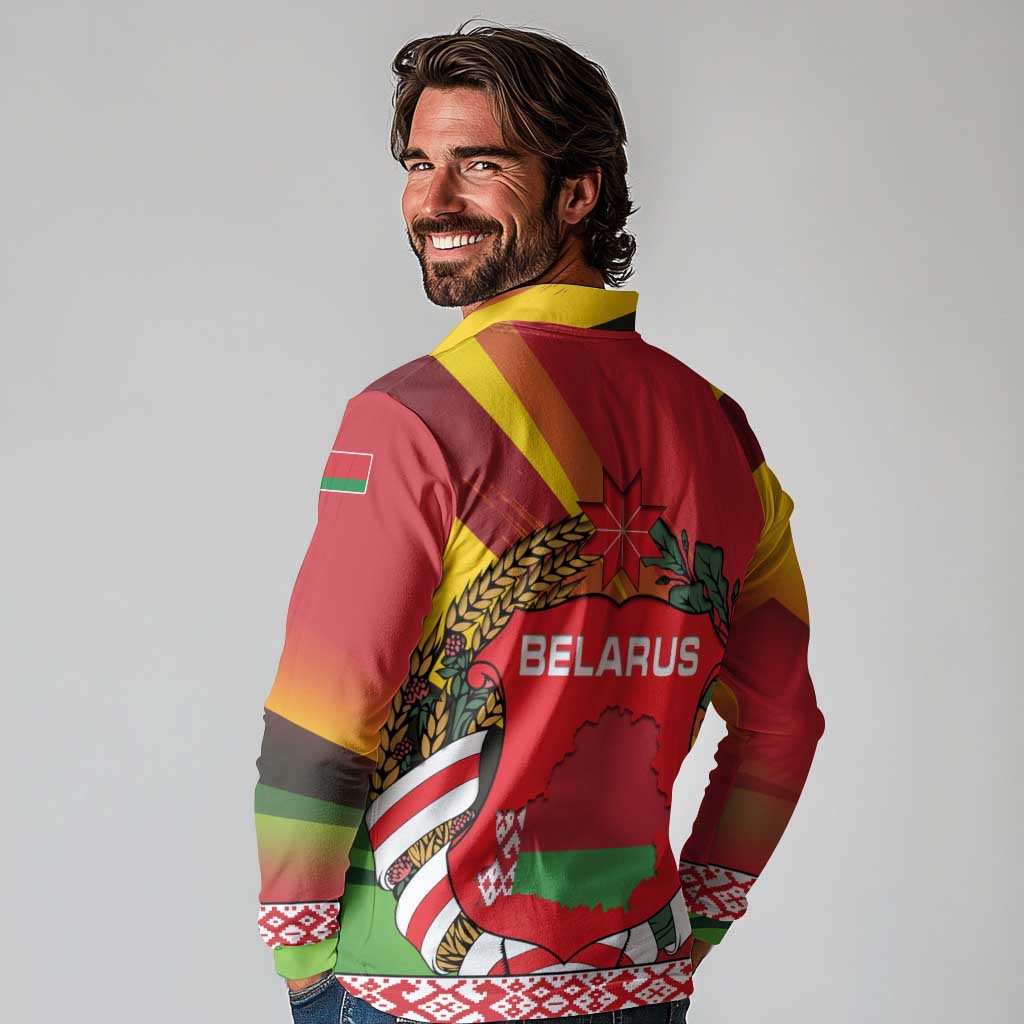 Belarus Red and Yellow National Crest Long Sleeve Polo Shirt with Pahonia Knight and Folk Motif Design