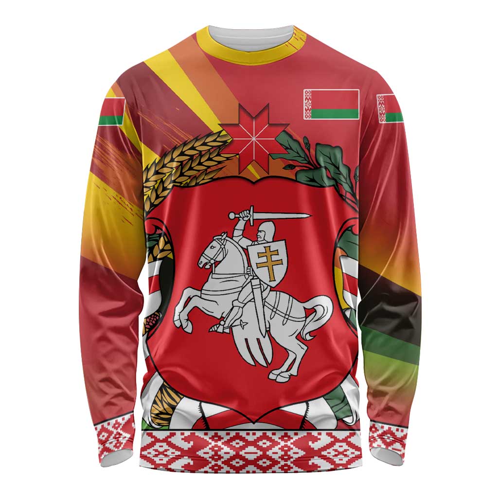 Belarus Red and Yellow National Crest Long Sleeve Shirt with Pahonia Knight and Folk Motif Design