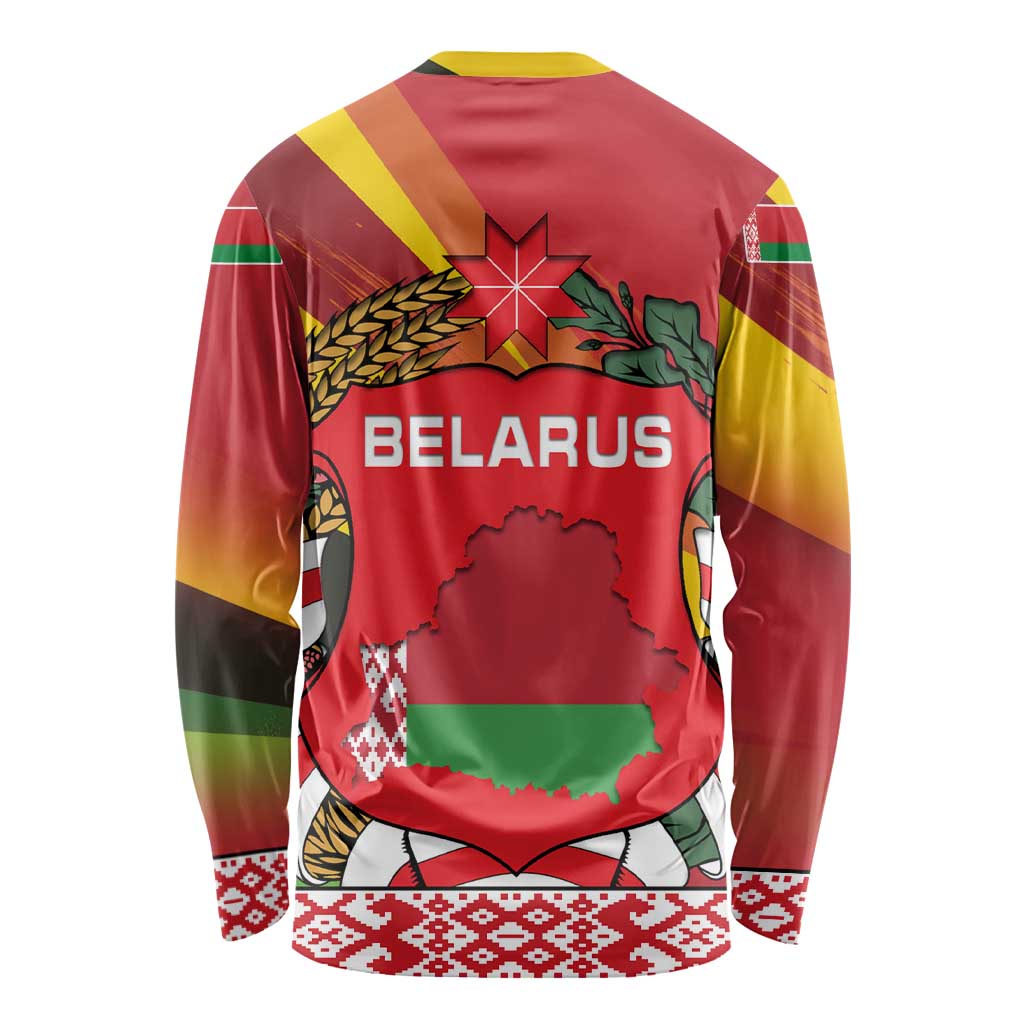 Belarus Red and Yellow National Crest Long Sleeve Shirt with Pahonia Knight and Folk Motif Design