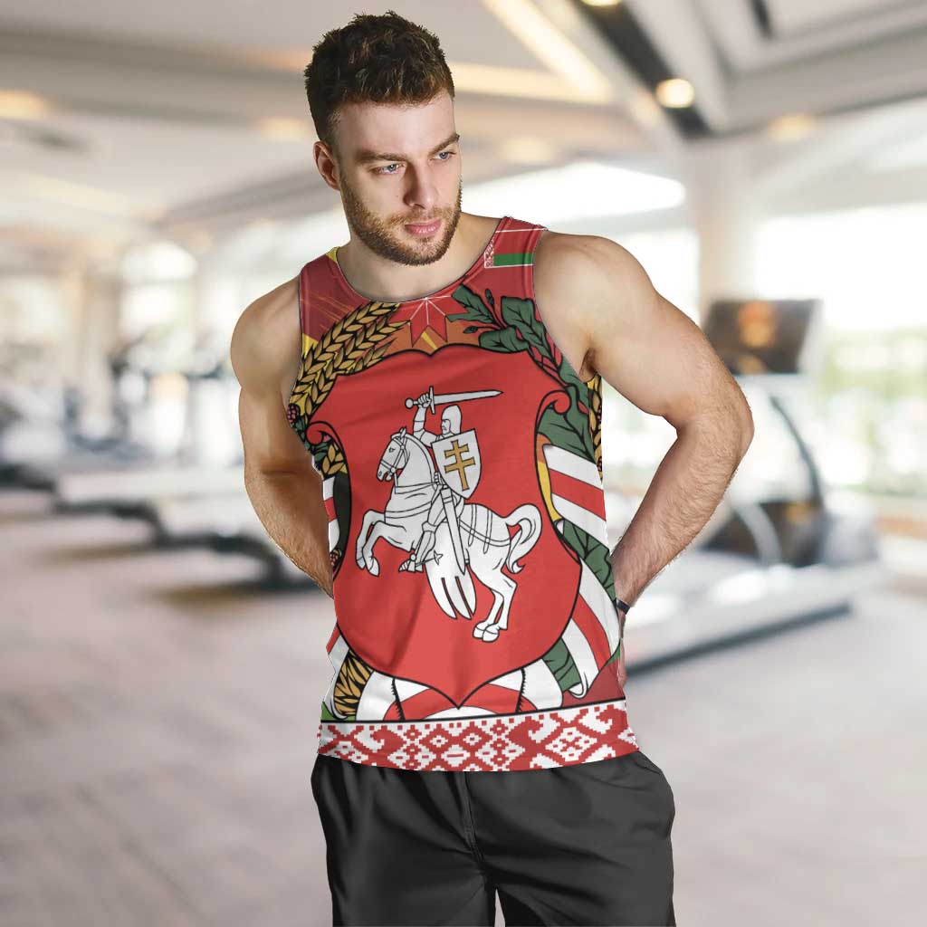 Belarus Red and Yellow National Crest Men Tank Top with Pahonia Knight and Folk Motif Design