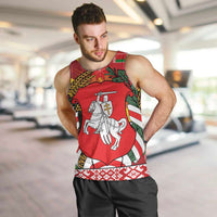 Belarus Red and Yellow National Crest Men Tank Top with Pahonia Knight and Folk Motif Design