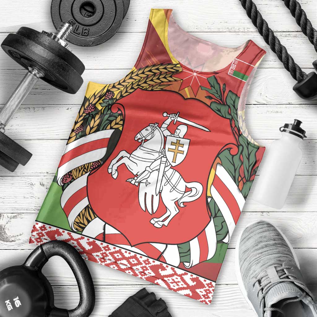 Belarus Red and Yellow National Crest Men Tank Top with Pahonia Knight and Folk Motif Design