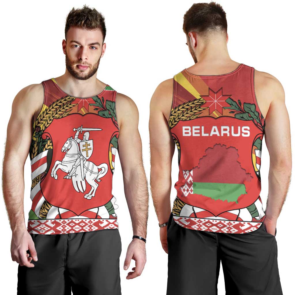 Belarus Red and Yellow National Crest Men Tank Top with Pahonia Knight and Folk Motif Design