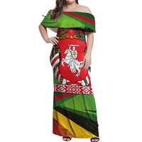 Belarus Red and Yellow National Crest Off Shoulder Maxi Dress with Pahonia Knight and Folk Motif Design