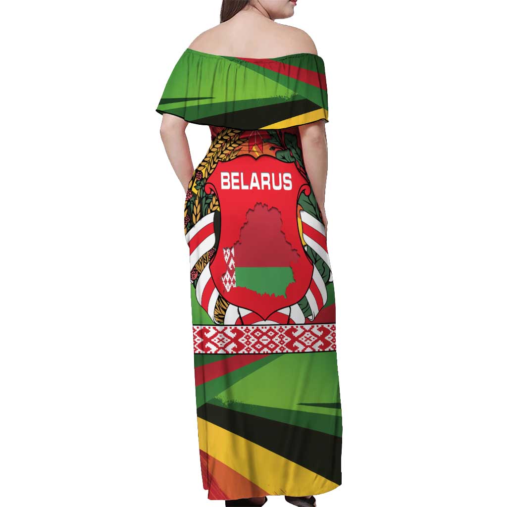 Belarus Red and Yellow National Crest Off Shoulder Maxi Dress with Pahonia Knight and Folk Motif Design