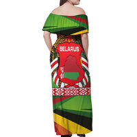 Belarus Red and Yellow National Crest Off Shoulder Maxi Dress with Pahonia Knight and Folk Motif Design