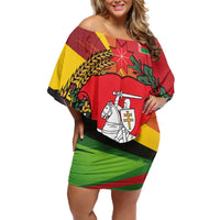 Belarus Red and Yellow National Crest Off Shoulder Short Dress with Pahonia Knight and Folk Motif Design