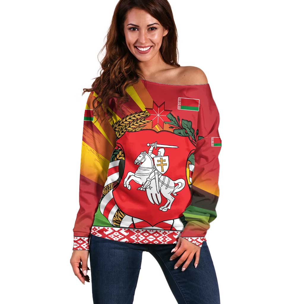 Belarus Red and Yellow National Crest Off Shoulder Sweater with Pahonia Knight and Folk Motif Design