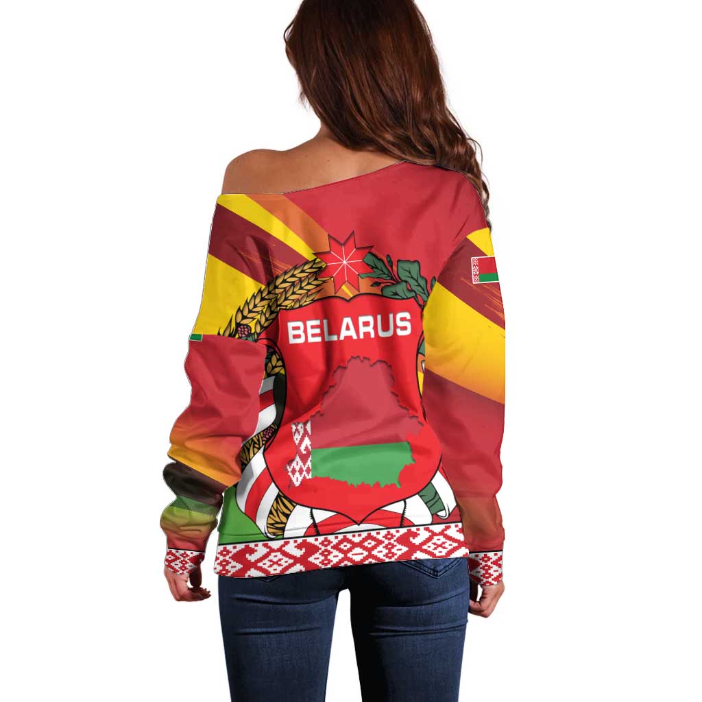 Belarus Red and Yellow National Crest Off Shoulder Sweater with Pahonia Knight and Folk Motif Design