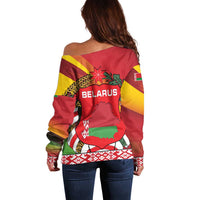 Belarus Red and Yellow National Crest Off Shoulder Sweater with Pahonia Knight and Folk Motif Design