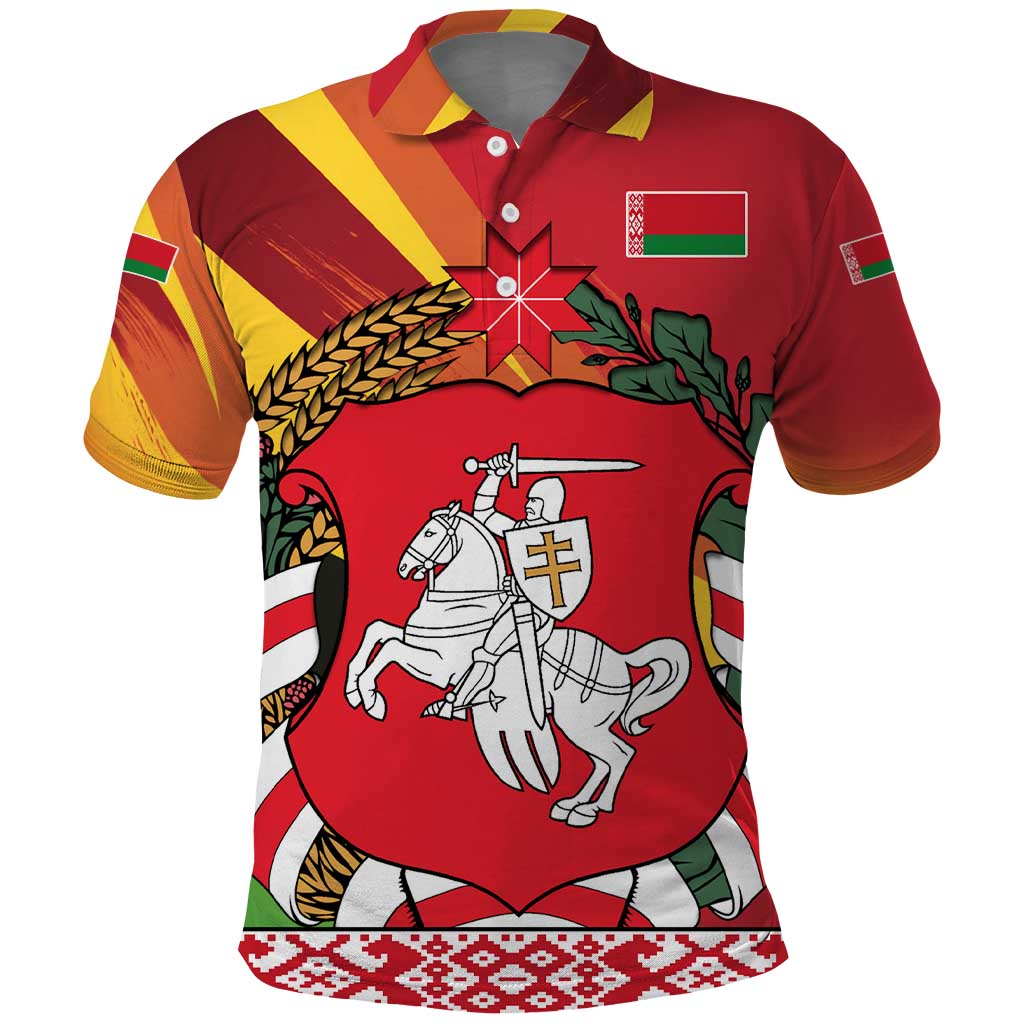 Belarus Red and Yellow National Crest Polo Shirt with Pahonia Knight and Folk Motif Design