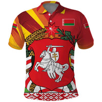 Belarus Red and Yellow National Crest Polo Shirt with Pahonia Knight and Folk Motif Design