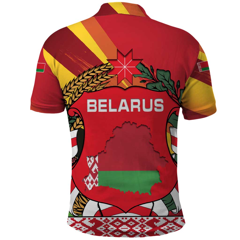Belarus Red and Yellow National Crest Polo Shirt with Pahonia Knight and Folk Motif Design